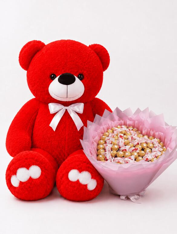 Мишка Ветли 140 см Красный+Сладкий букет "Sweet Heart"