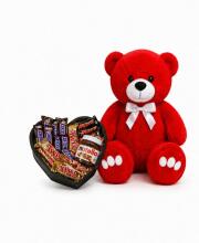 Ведмедик Ветлі 140 см червоний + Шоколадний бокс із батончиками Mars, Twix, Snickers і Nutella