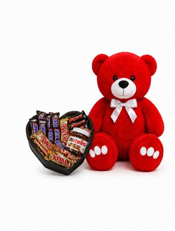 Ведмедик Ветлі 140 см червоний + Шоколадний бокс із батончиками Mars, Twix, Snickers і Nutella