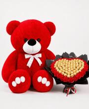 Мишка Ветли 140 см Красный+Букет из конфет "Golden Heart of Roses" и красных мыльных роз 111 шт