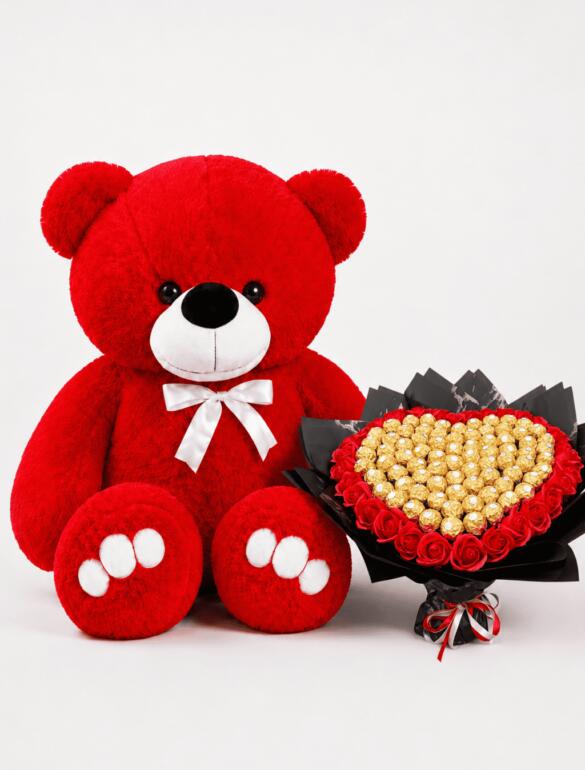 Мишка Ветли 140 см Красный+Букет из конфет "Golden Heart of Roses" и красных мыльных роз 111 шт