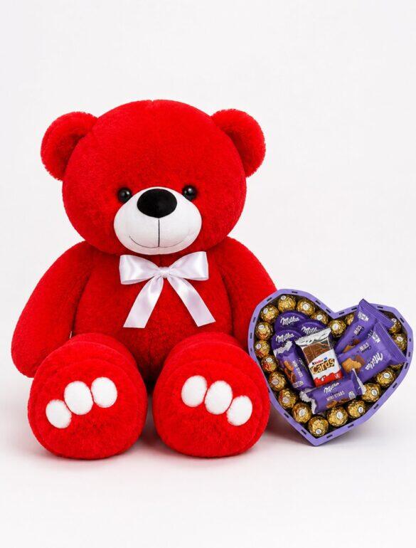 Ведмедик Ветлі 140 см червоний + Солодкий подарунок для неї Milka Magic Box