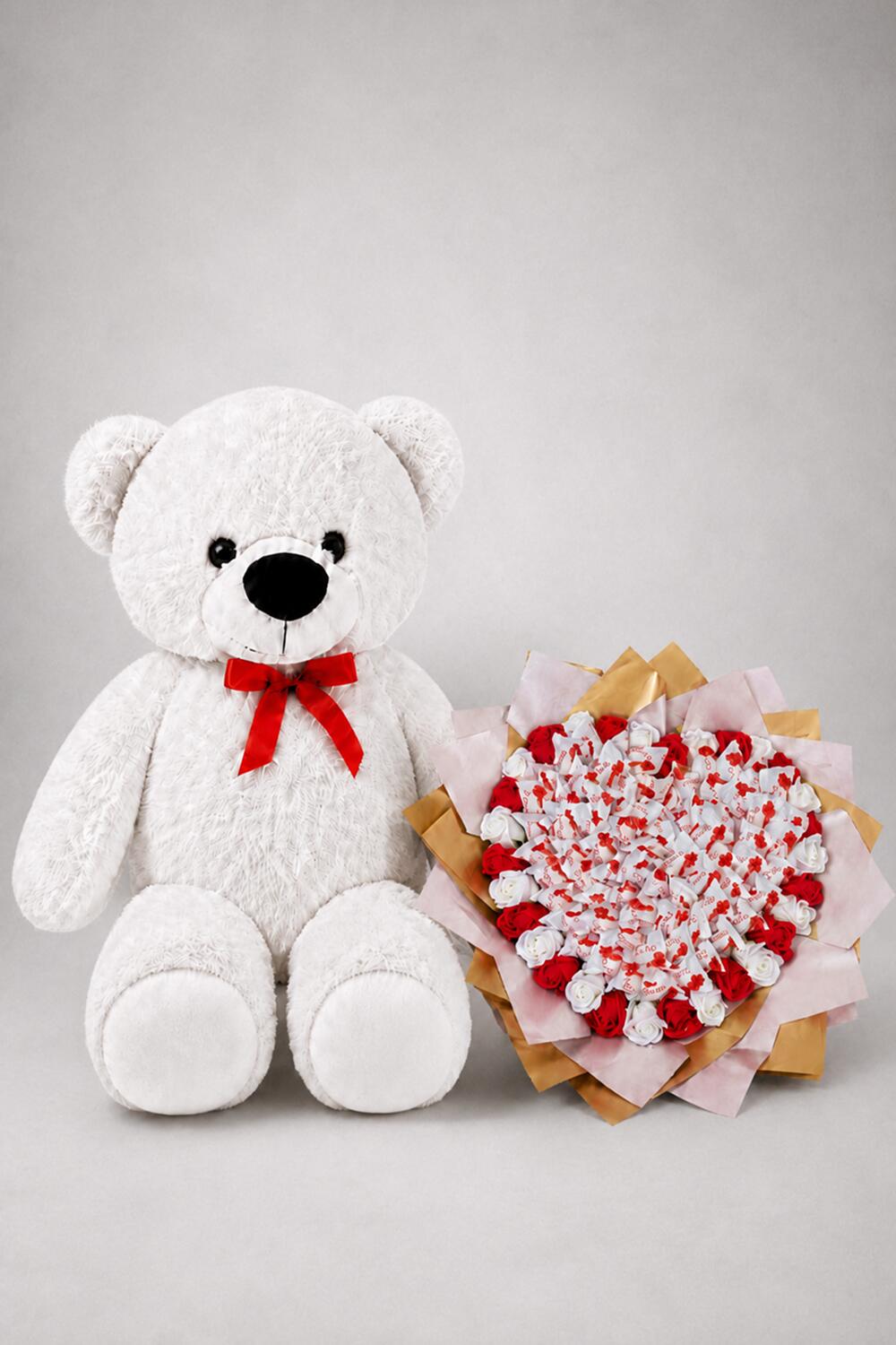 Мишка Томик 160 см Белый + Букет из конфет "Love Edition: Raffaello & Roses"
