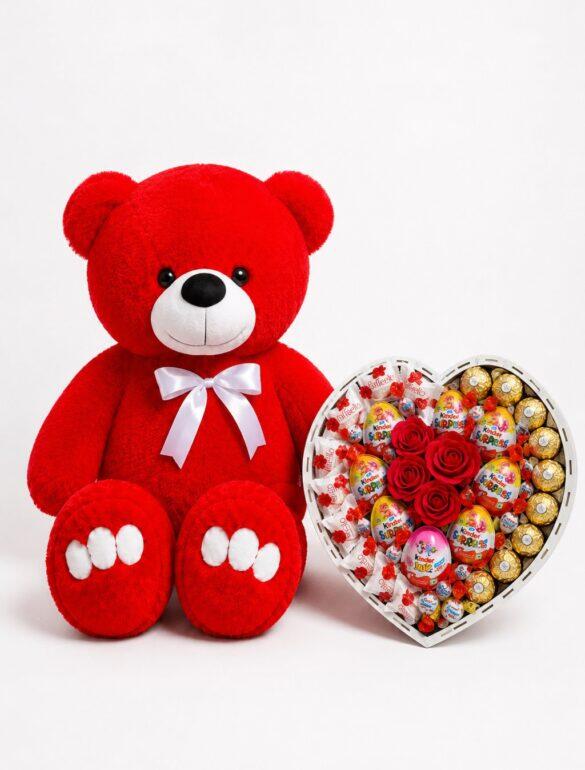 Ведмедик Ветлі 140 см червоний + Подарунковий набір-бокс для неї Heart Of Sweet Roses