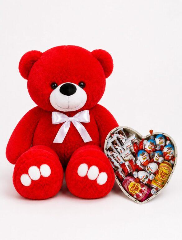 Ведмедик Ветлі 140 см червоний + Солодкий бокс для неї Happy Treats