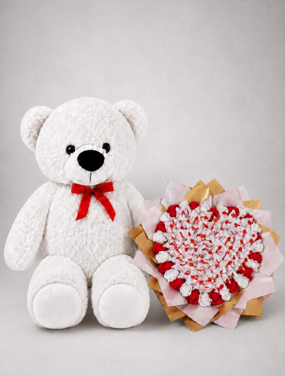Мишка Томик 160 см Белый + Букет из конфет "Love Edition: Raffaello & Roses"