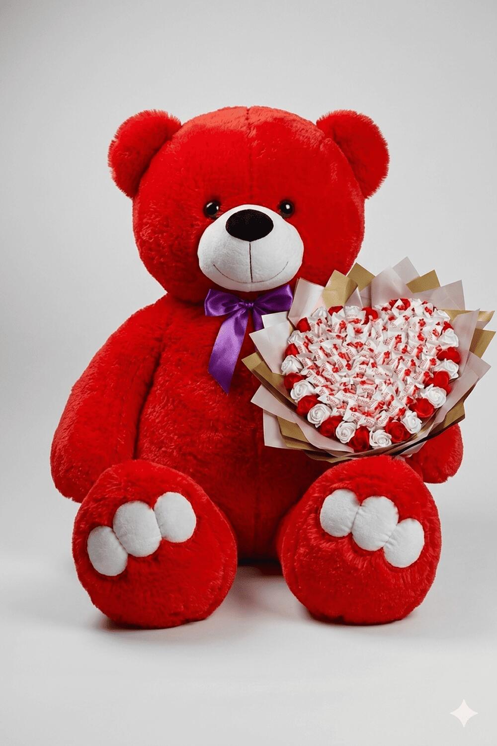Мишка Ветли 140 см Красный + Букет из конфет "Love Edition: Raffaello & Roses"