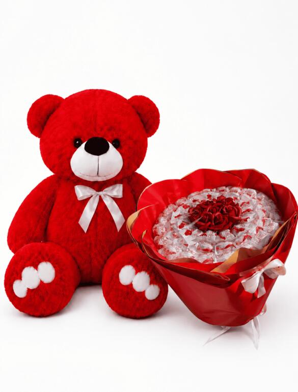 Мишка Ветли 140 см Красный+Сладкий букет "Raffaello Love"