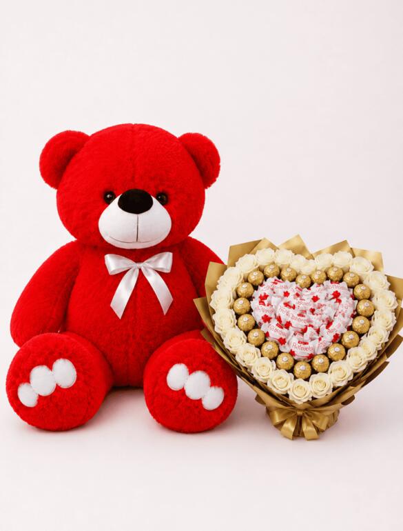 Мишка Ветли 140 см Красный+Букет из конфет "Raffaello & Rocher Harmony"