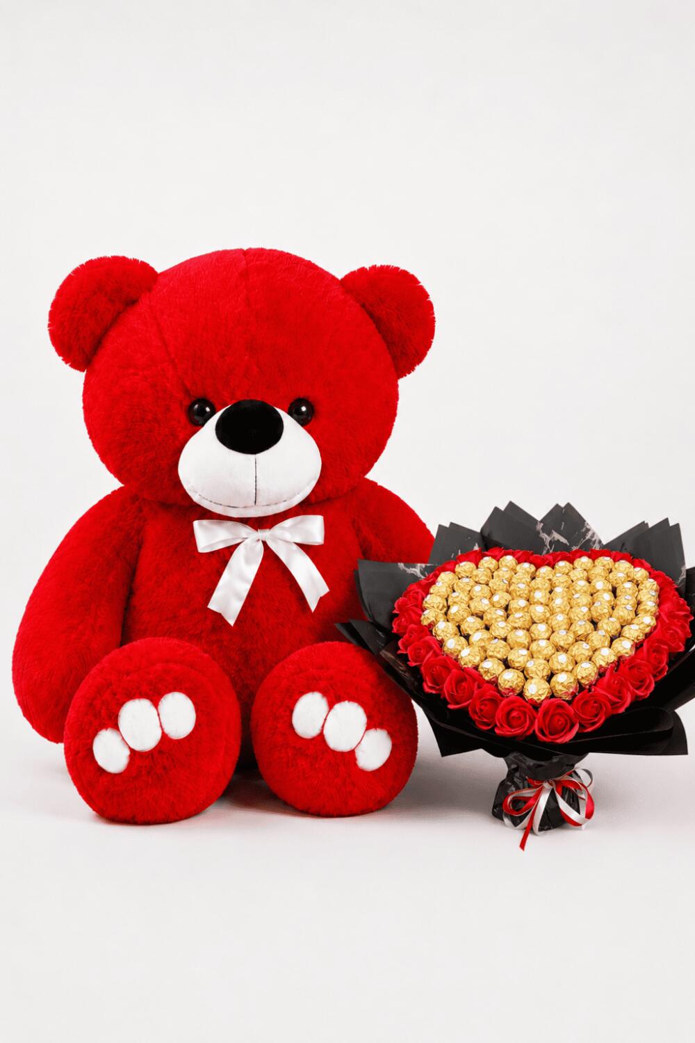 Ведмедик Ветлі 140 см Червоний+Букет із цукерок "Golden Heart of Roses" та червоних мильних троянд 111 шт