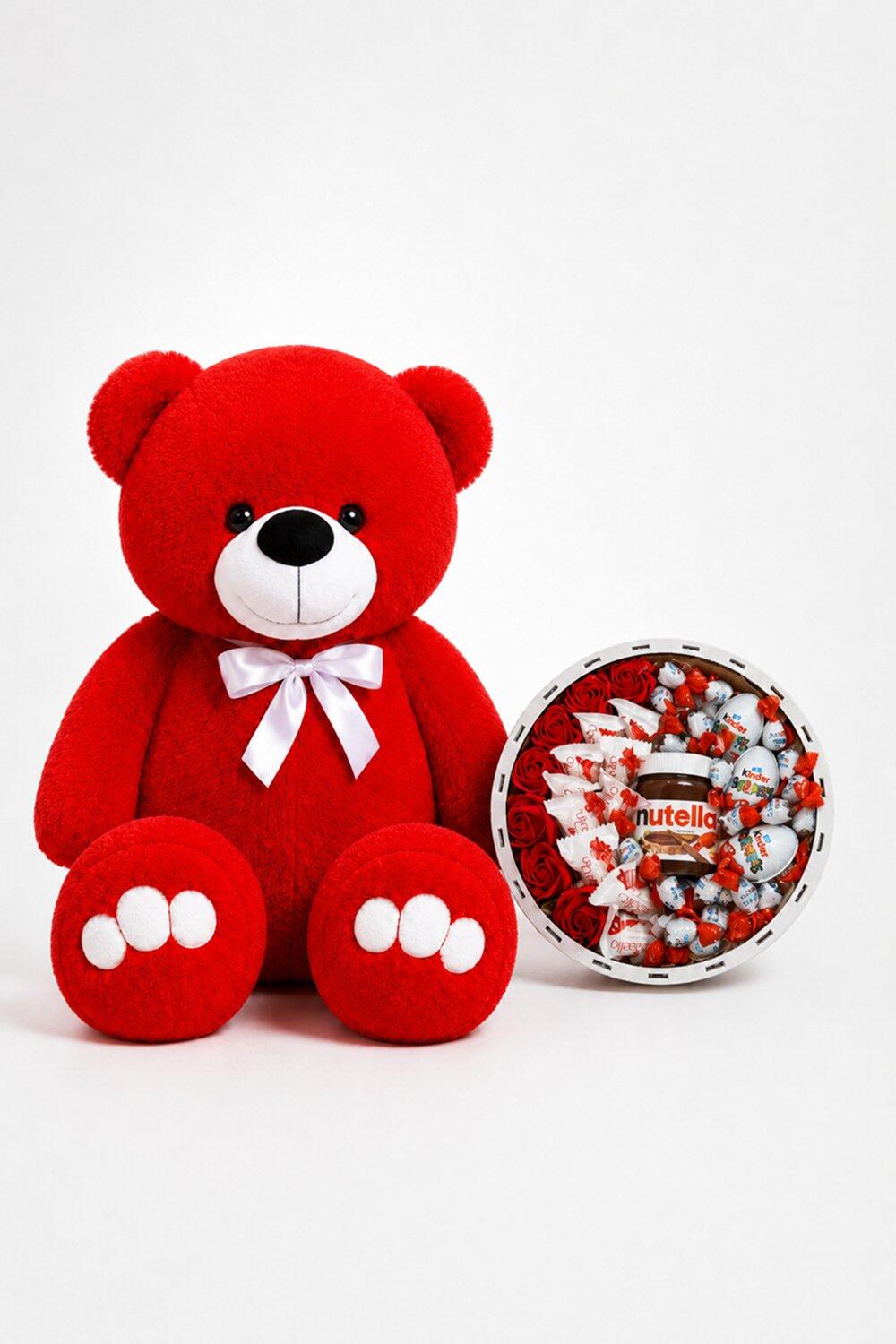 Ведмедик Ветлі 140 см червоний + Шоколадний бокс із Kinder, Nutella і мильними трояндами