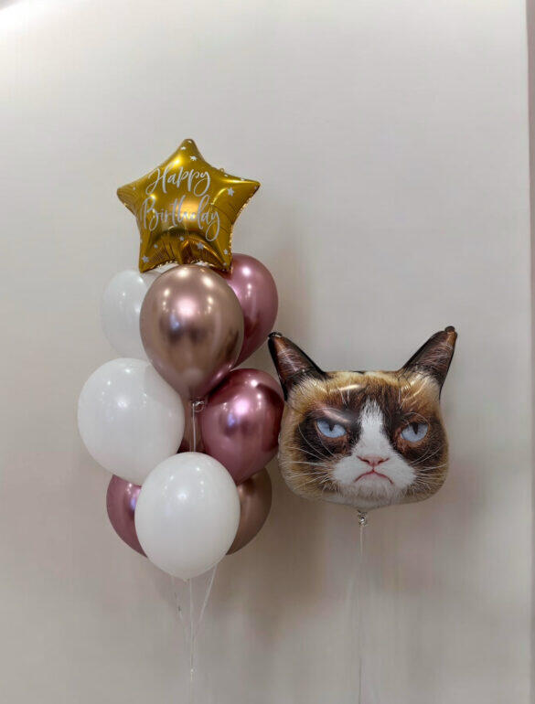 Набор шариков "Фонтан Happy Birthday и котик"