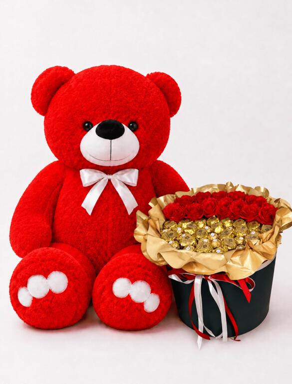 Мишка Ветли 140 см Красный+Букет из дубайского шоколада и Ferrero Rocher "Royal Dubai Bloom"