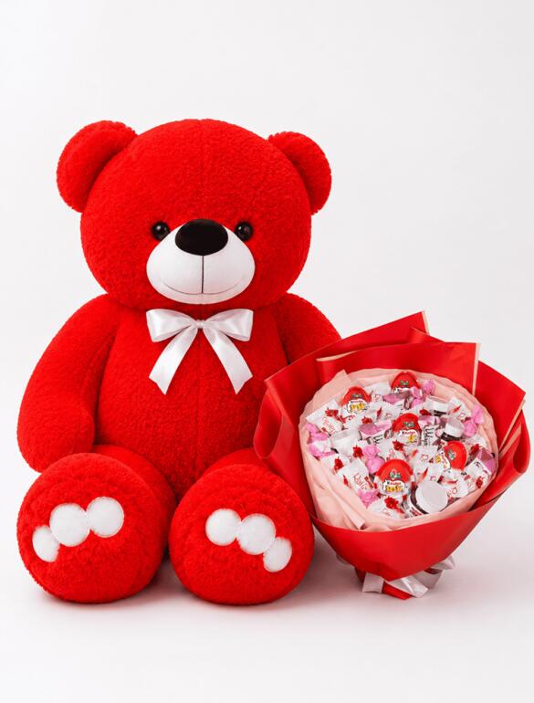Мишка Ветли 140 см Красный+Букет из конфет "Kinder & Raffaello Delight"