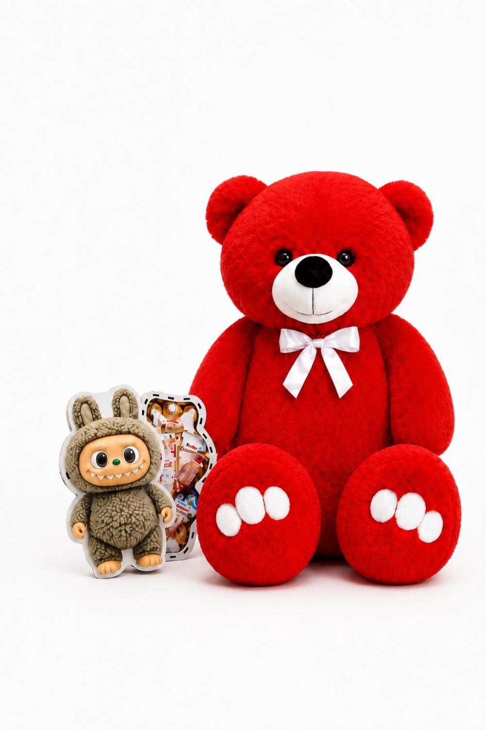 Ведмедик Ветлі 140 см червоний + Подарунковий набір-бокс Labubu Choco Mix