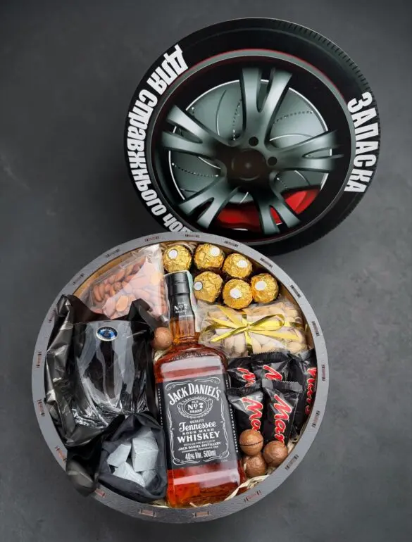 Подарочный набор бокс для него с Jack Daniel's, стаканом и камнями для виски "Запаска для Настоящего Мужчины" №123