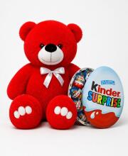 Ведмедик Ветлі 140 см червоний + Подарунковий набір Kinder Сюрпризів M