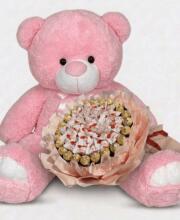 Мишка Ветли 140 см Розовый + Букет из конфет Candy Bloom