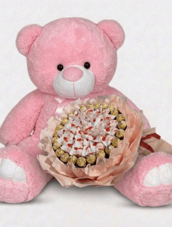Мишка Ветли 140 см Розовый + Букет из конфет Candy Bloom