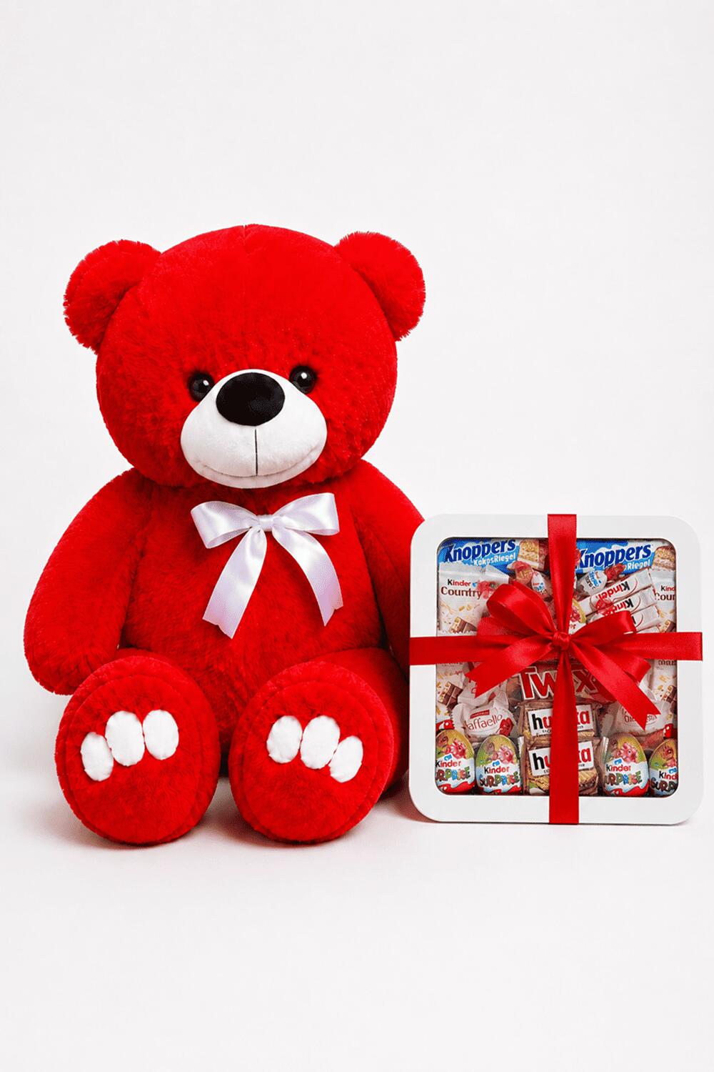 Ведмедик Ветлі 140 см червоний + Подарунковий набір-бокс для неї Happy Kinder Treats