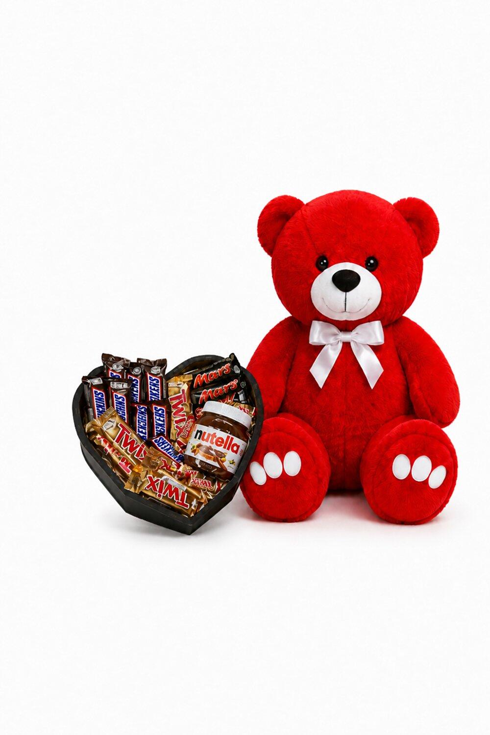 Ведмедик Ветлі 140 см червоний + Шоколадний бокс із батончиками Mars, Twix, Snickers і Nutella