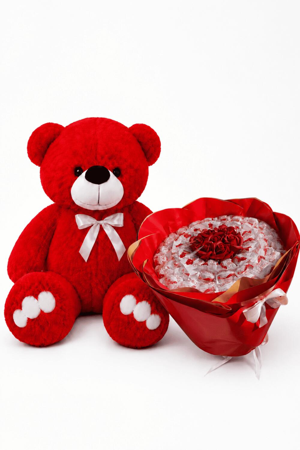 Ведмедик Ветлі 140 см Червоний+Солодкий букет "Raffaello Love"