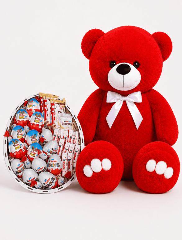 Ведмедик Ветлі 140 см червоний + Подарунковий бокс із цукерками Kinder Сюрприз XL