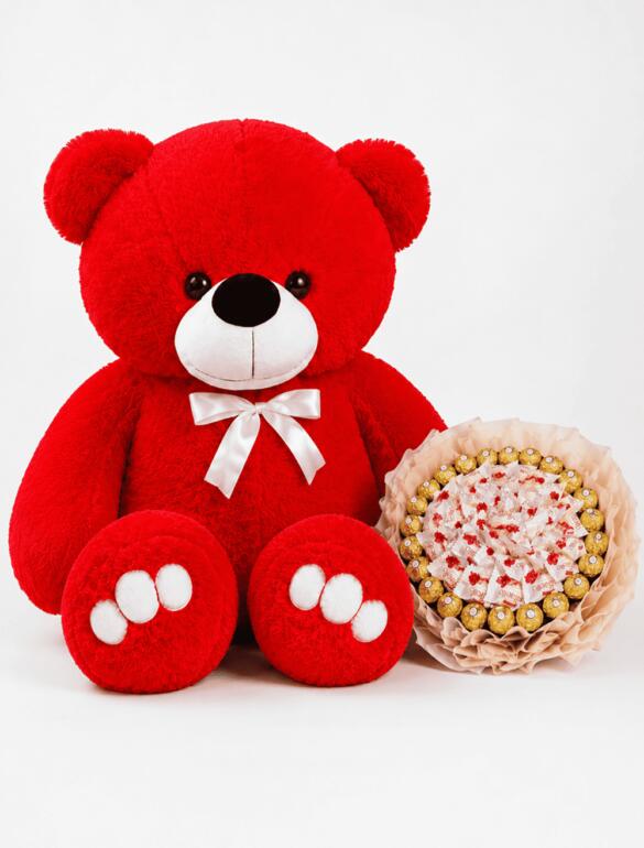 Мишка Ветли 140 см Красный+Букет из конфет "Candy Bloom" 63 шт