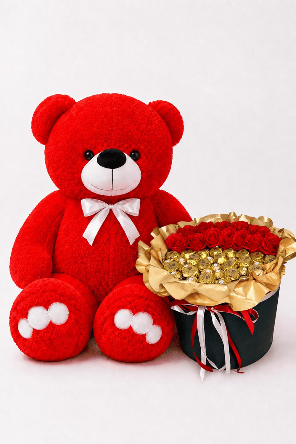 Ведмедик Ветлі 140 см Червоний+Букет з дубайського шоколаду та Ferrero Rocher «Royal Dubai Bloom»