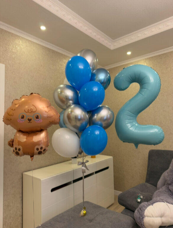 Набор шариков "Милая собачка, серебряно-голубой фонтан и нежно голубая цифра"