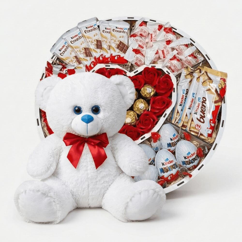 Мишка Томик 80 см Белый + Сладкий бокс с Kinder и Ferrero