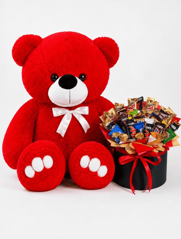 Мишка Ветли 140 см Красный+Сладкий подарок из конфет "Sweet Explosion"