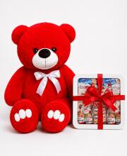 Ведмедик Ветлі 140 см червоний + Подарунковий набір-бокс для неї Happy Kinder Treats