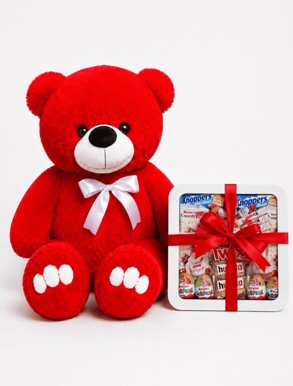 Ведмедик Ветлі 140 см червоний + Подарунковий набір-бокс для неї Happy Kinder Treats