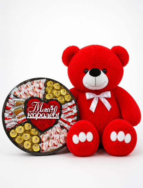 Ведмедик Ветлі 140 см червоний + Солодкий набір-бокс Love In Every Bite