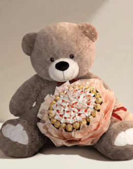 Ведмедик Томік 200 см Капучино + Букет із цукерок Candy Bloom