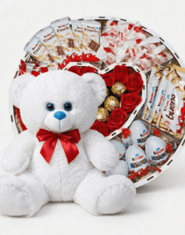 Мишка Томик 80 см Белый + Сладкий бокс с Kinder и Ferrero