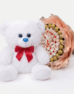Мишка Томик 80 см Белый + Букет из конфет Candy Bloom
