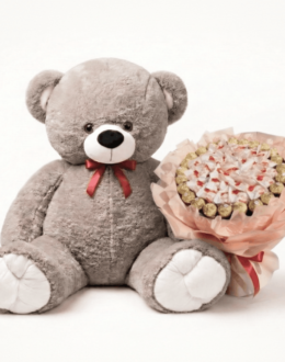 Ведмедик Ветлі 160 см Капучино + Букет з цукерок Candy Bloom