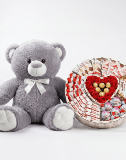 Мишка Томик 100 см Серый + Сладкий бокс с Kinder и Ferrero
