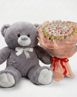 Мишка Томик 100 см Серый + Букет из конфет Candy Bloom