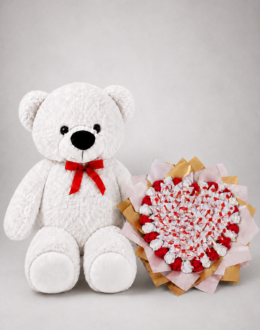 Ведмедик Томік 160 см Білий + Букет із цукерок "Love Edition: Raffaello & Roses"