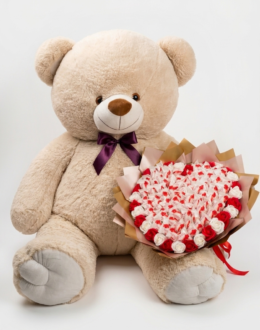 Ведмедик Томік 200 см Бежевий + Букет із цукерок "Love Edition: Raffaello & Roses"
