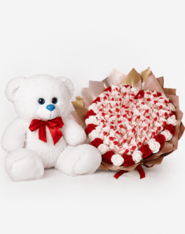 Ведмедик Томік 80 см Білий + Букет із цукерок "Love Edition: Raffaello & Roses"