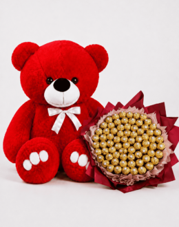 Ведмедик Ветлі 140 см Червоний+Букет із цукерок "Ferrero Rocher" 73 шт