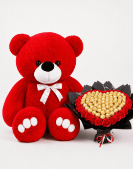 Ведмедик Ветлі 140 см Червоний+Букет із цукерок "Golden Heart of Roses" та червоних мильних троянд 111 шт