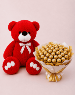 Мишка Ветли 140 см Красный+Букет из конфет "Golden Bloom" 49 шт