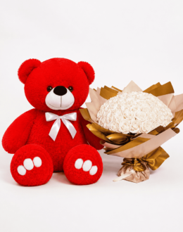 Мишка Ветли 140 см Красный+Букет 65шт. белых роз из мыла "Scarlet Luxe"