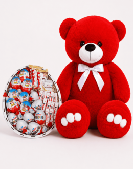 Мишка Ветли 140 см Красный + Подарочный бокс с конфетами Kinder Сюрприз XL