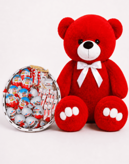 Мишка Ветли 140 см Красный + Подарочный бокс с конфетами Kinder Сюрприз L